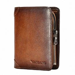 manbang Men Wallet Zipper Genuine Leather RFID Card Holders Cowhide Zip Coin Pocket Bifold wallets for men Brown high quality 85D8#