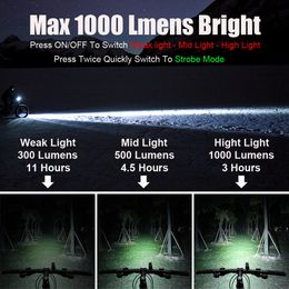 NEWBOLER Anti Glare Flashlight For Bicycle 1000 Lumen Bike Light 4800mAh USB Rechargeable Rainproof Powerful Cycling Headlight