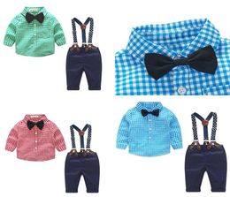 Kid Designer Clothes Autumn Spring Newborn Baby Sets Infant Clothing Gentleman Suit Plaid Shirt Bow Tie Suspend Trousers 2pcs Suit6264765