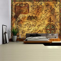 Nautical Chart Tapestry Pirate Treasure Map Hanging Decor Watercolour Map Letter Polyester Table Cover Yoga Beach towel