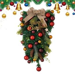 Decorative Flowers Christmas Teardrop Wreath Reusable Creative Door Sign With Bowknot Balls Swag Cute Garland Decor For Walls