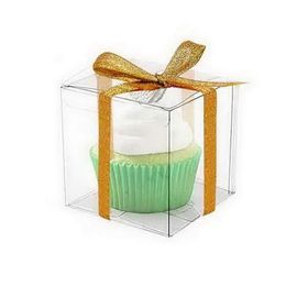 12Pcs Silver Clear Plastic Cupcake Packaging Box Cake Favours Box Container Wedding Party Cupcake Boxes Gift Box Supplies Ribbon