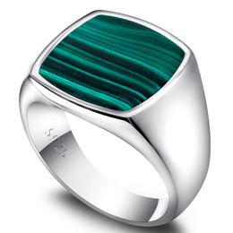 New Smooth Men's Ring 925 Sterling Silver Natural Green Malachite Square Boulder Ring Simple Classic Seal Jewelry Women Gift