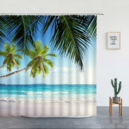 Palm Trees Beach Shower Curtains Hawaii Island Ocean Nature Landscape Bath Curtain Sets Home Bathroom Bathtub Decor with Hooks