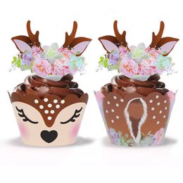 24/48pcs Christmas Deer Paper Cupcake Wrapper with Cake Toppers Merry Christmas Xmas New Year Kids Birthday Party Decorations