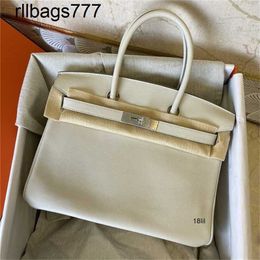 Leather Bk Designer Bags Custom Swift Milkshake White 30cm Silver Buckle Platinum Bag Honey Wax Thread Sewn Portable Cowhide Women's Bag