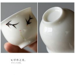 2pc/Set 50ml Pure Hand-painted Swallow Elf Art Ceramic Tea Cup Small Household Simple White Porcelain Single Personal Master Cup