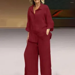 Women's Two Piece Pants Women Breathable Suit Stylish Cotton Linen Set With Long Sleeve Shirt Wide Leg Trousers For Female