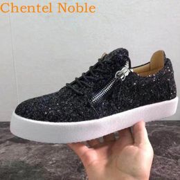 Casual Shoes Chentel Comfortable Bling Black Sequined Classic Fashion Running Dress Men Flats Lace-Up Zipper Party Sneakers