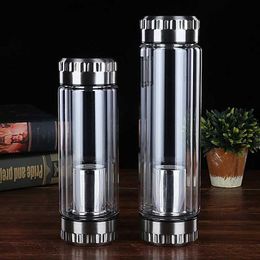 Mugs High quality Business Type Double Wall Glass Water Tumbler Glass Bottle with Stainless Steel Tea Infuser Filter Water Bottle 240410