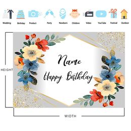 Name Customize Birthday Party DIY Backdrop Romantic Flowers Gold Glitter Photography Background Photocall Photo Studio Supplies