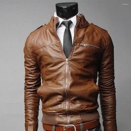 Men's Jackets Solid Color Zipper Closure Men Jacket Faux Leather Stand Collar Side Pockets Motorcycle Windbreaker Male Clothing