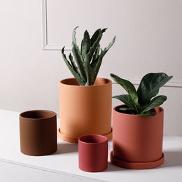 Nordic Style Colored Ceramic Flower Pots Succulent Flower Pots Green Plants Cylindrical Flower Pots with Perforated Tray