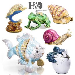 H&D Hand Painted Enamel Animal Figurine Crystal Jewelled Hinged Trinket Boxes Decorative Jewellery Box Collectible Christmas Gift 201243Q