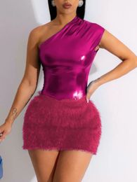 LW SXY Plus Size One Shoulder Plush Bodycon Dress Women Sexy Sleeveless Mini Club Party dresses 240410