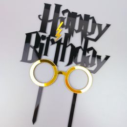 New Gold Happy Birthday Acrylic Cake Topper Glasses Birthday Cupcake Baking Decorations for Baby Birthday Party Cake Supplies