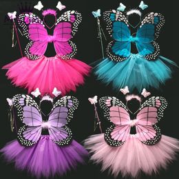 4 Piece Shining Butterfly Wing +Wand +Headband +Tutu Skirt Christmas Halloween Cosplay Costume For Fairy Girls Kids 13 Colours