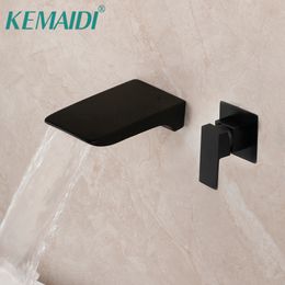 KEMAIDI Matte Black Bathroom Bathtub Faucet Wall Mounted Solid Brass Shower Bathroom Basin Sink Brass Tap Waterfall Mixer Faucet