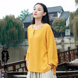 Women's Sleepwear Spring And Summer Ladies Cotton Linen Pyjamas One-piece Tops Retro Style Solid Colour Long-sleeved Home Clothes