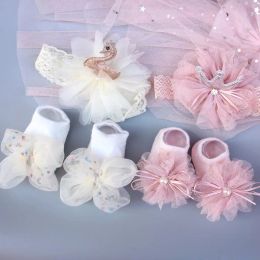 2 Pcs/Set Elastic Bab Headband Socks Set Lace Flower Newborn Girl Short Socks Bow Crown Infant Baby Turban Hairband