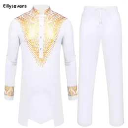 Men's Tracksuits Summer 2024 Dashiki National Dress African Printed Top And Trousers Suit Wedding Sunday Prayer Casual Slim