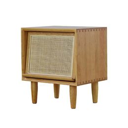 Nordic wood bedside table with Breathable sliding rattan door portable wood tea tables storage Nightstand 45x35x50cm