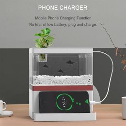 Mini Fish Tank with Philtre and LED Light Aquarium Tropical Freshwater Phone & Pad Holder Hydroponic Plants Basket for Office