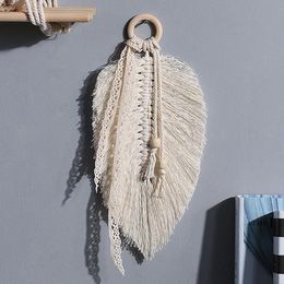 Boho Macrame Wall Decor 28cm Chic Tassel Bedroom Tapestry With Wooden Leaf Shape Wedding Backdrop Curtain Garland Banner Beige-1