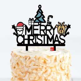 New Merry Christmas Acrylic Color Printing Cake Toppers Santa Claus Elk Baking Cake Toppers for New Year Party Cake Decorations