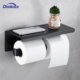 Double Roll Toilet Paper Holder Shelf Wall Mount, Bathroom Dual Tissue Roll Holder with Phones/Wipes Storage Rack Matte Black