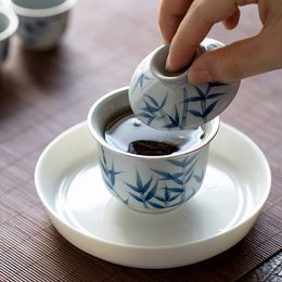 85ml White Porcelain Tea Tureen Hand Painted Bamboo Ceramic Gaiwan Tea Maker Covered Bowl Household Kung Fu Tea Set Accessories