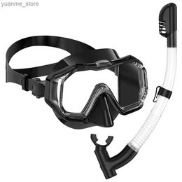 Diving Masks Snorkel Mask Set Scuba Diving Swimming Goggles 3 Windows Panoramic Wide View HD Dry Top Anti-Leak Anti-Fog For Adults and Kids Y240410