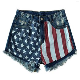 Women's Shorts Ripped American Flag Printed Denim High Waisted Frayed Hem Casual Jeans Womens Running With Spandex