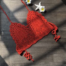 CROCHET BIKINI 2023 Sexy Top Handmade Knit Crochet Crop Top Women Summer Swimwear Camisoles Push Up Beach Tanks Halter Yoga Bras