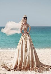 Gold Satin Ball Gown Beach Long Sleeve Princess Muslim Wedding Dress With Beads Cheap Vintage Gothic Wedding Bridal Gowns Dress9479641