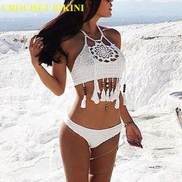 CROCHET BIKINI Sexy Halter Tie Knitting New Beach Swimwear Halter Beaded Tassel Crop Top Brazil Bikini Swimsuit Bathing Suit
