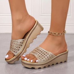 Sandals Ladies Shoes On Sale Rhinestone Hollow Thick Bottom Outside Wear Slope With Large Size Women Dressy