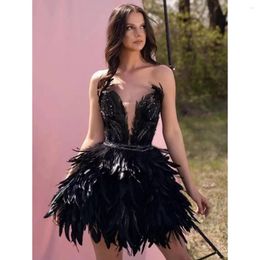 Casual Dresses Summer Women Celebrity Luxury Sexy Strapless Backless Beading Black Feather Mini Prom Dress Elegant Evening Cocktail Party