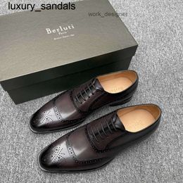 Berluti Business Leather Shoes Oxford Calfskin Handmade Top Quality BerlutiBruti Goodyear Handmade Cold Adhesive Formal Block Carved Breathable Color Wiped SYLV