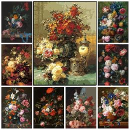 Europe Classical Vintage Flower Canvas Painting Wall Decor Still Life with Flowers In Glass Vase Nordic Art Poster Print Picture