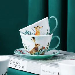 European High Grade Coffee Cup Saucer Creative 200ML Ceramic The Deer Fox Rabbit Owl Pattern Coffee Mug Tea Cup dishGift