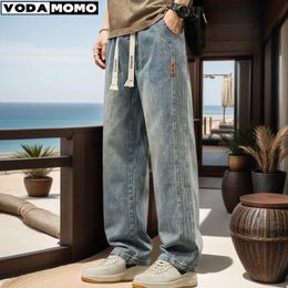 2024 Elastic loose straight jeans mens wide legged denim pants casual trousers Korean style Sportswear clothing 240326