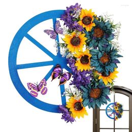 Decorative Flowers Blue Wreath Flower Outdoor Artificial Greenery Wheel Spring Garland 15.7 In Door With Sunflowers