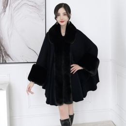 Batwing Sleeves Poncho Cape Women Overcoat Long Cloak Winter Big Pendulum Faux Rabbit Fur Collar Cardigan Loose Streetwear Coat