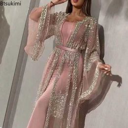 Urban Sexy Dresses New 2024 Womens Muslim Abaya Dubai Muslim Dress Luxury High Class Sequins Embroidery Lace Kaftan Islam Kimono Black Maxi Dress 240410