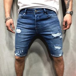 Men's Jeans Men Ripped Short Bermuda Cotton Shorts Breathable Blue Denim Male Destroyed Skinny Hole For 2024