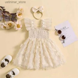 Girl's Dresses VISgogo Kids Girls Dress 2pcs Outfit Fly Sleeve Pleated Lace Flowers Tulle Dress with Bow Headband Summer Clothes L47