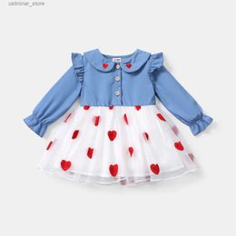 Girl's Dresses Baby Girl Heart Embroidered Peter Pan Collar Long-sleeve Spliced Mesh Dress L47