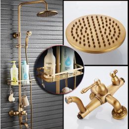 Antique Brass Shower Mixer Faucet Set One Handle with Storage Holder Shower Faucet Taps Swivel Tub Spout 8" Rainfall Showerhead