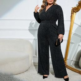 Women Plus Size Jumpsuits Fashion Versatile Jumpsuit Pants Large Female Vneck Widelegged Longsleeved Velvet 240410